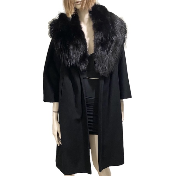 Vintage CAPELLA A Luxurious Fabric Fur Collar Black Open front Long Coat - Picture 5 of 12